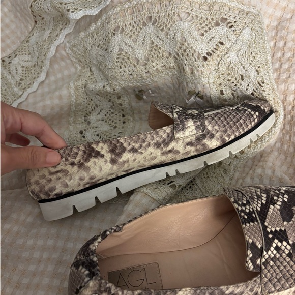 Agl Pointed Toe Snake Print Loafers in Beige and Black - Picture 5 of 12